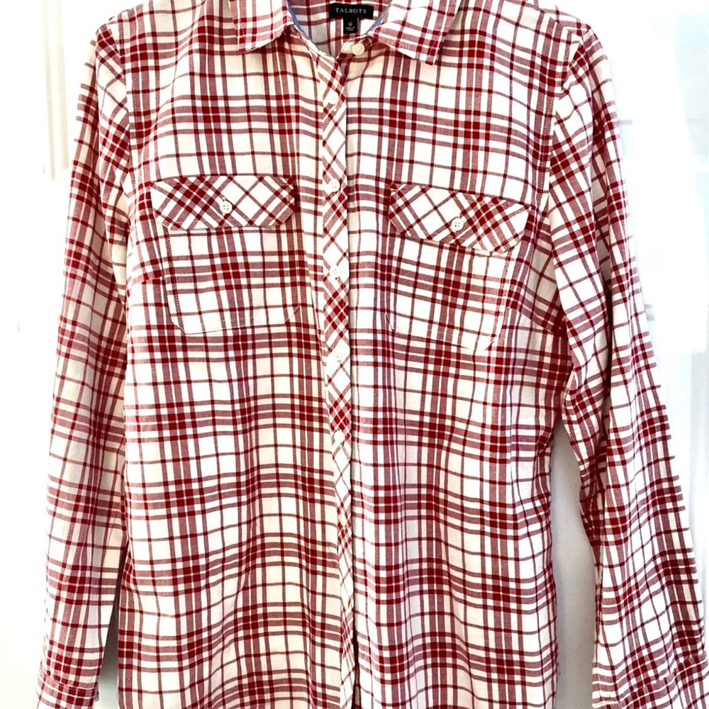 Talbots Womens Red/White Roll-Tab Sleeve Button Down Shirt 14 EUC B#1